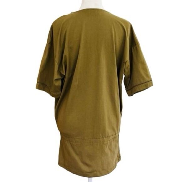 MORGIN olive green drawstring waist top, chest pocket, crochet accents - Picture 4 of 8